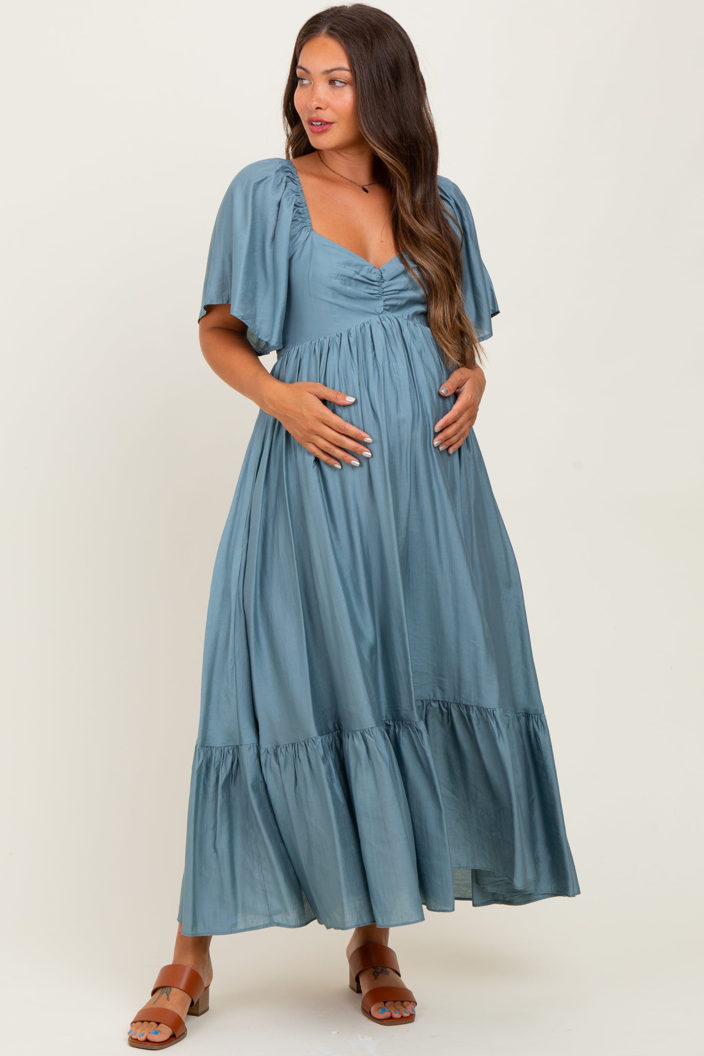 Blue Flutter Sleeve Ruffle Hem Maternity Midi Dress Blue Flutter Sleeve Ruffle Hem Maternity Midi Dress