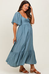 Blue Flutter Sleeve Ruffle Hem Maternity Midi Dress