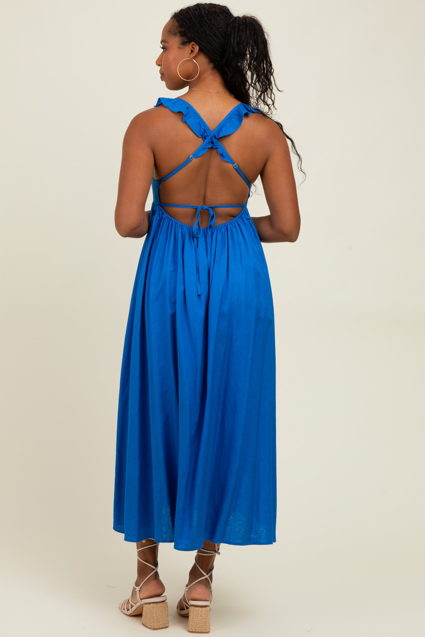 Blue Ruffle Strap Cutout Tie Back Midi Dress PinkBlush Blue Ruffle Strap Cutout Tie Back Midi Dress PinkBlush