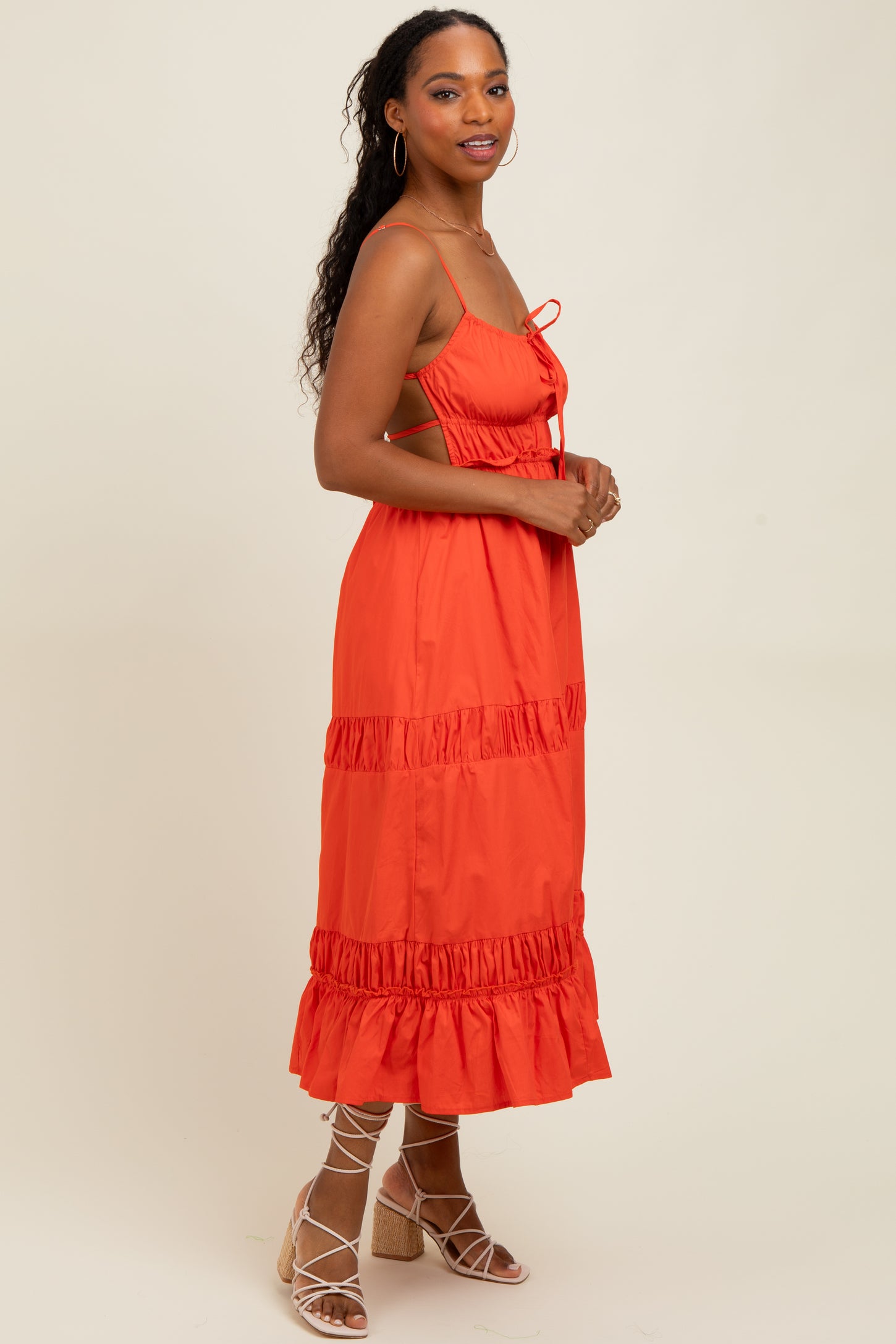 Coral Ruffle Accent Backless Tie Detail Midi Dress