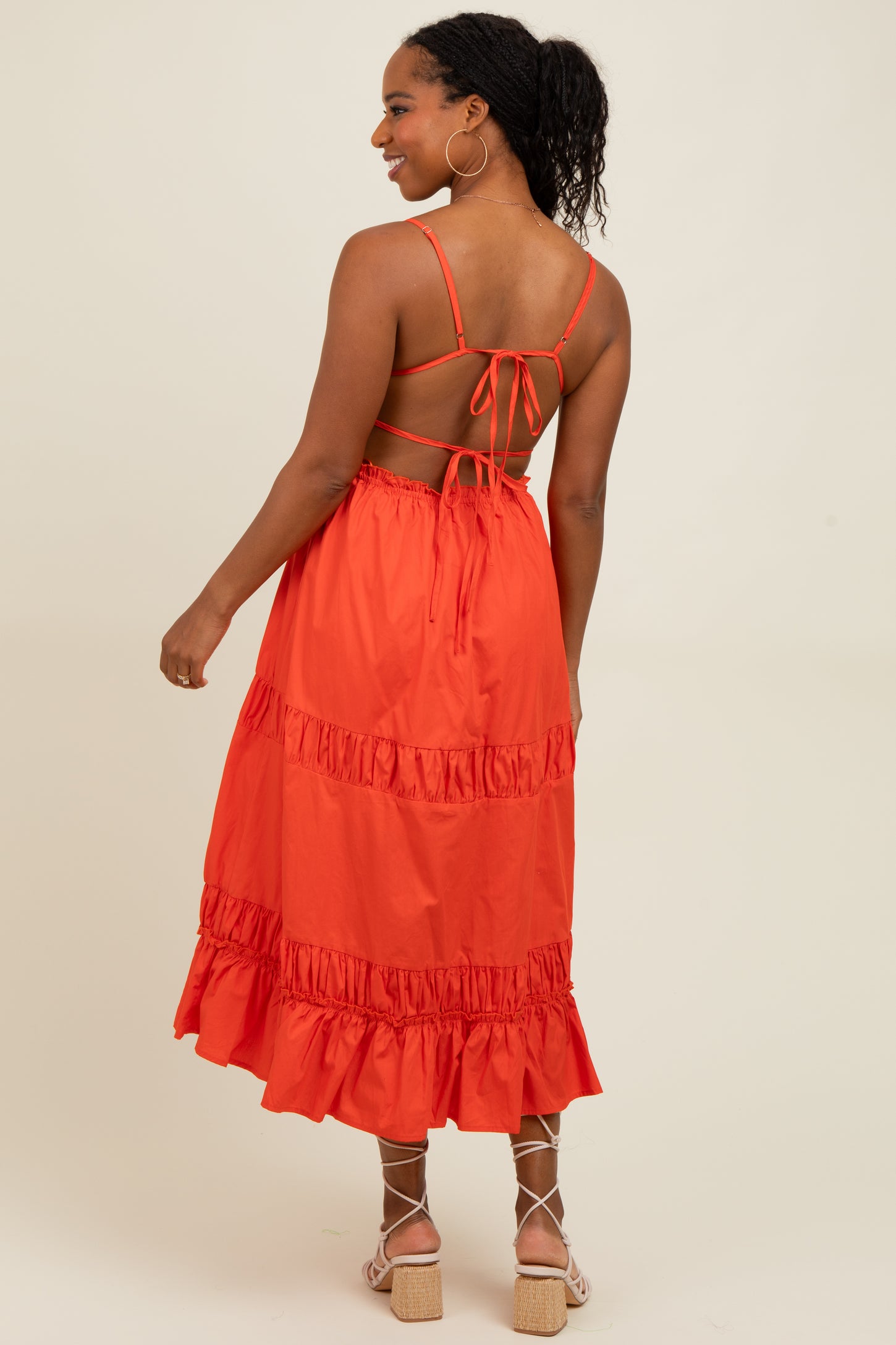 Coral Ruffle Accent Backless Tie Detail Midi Dress