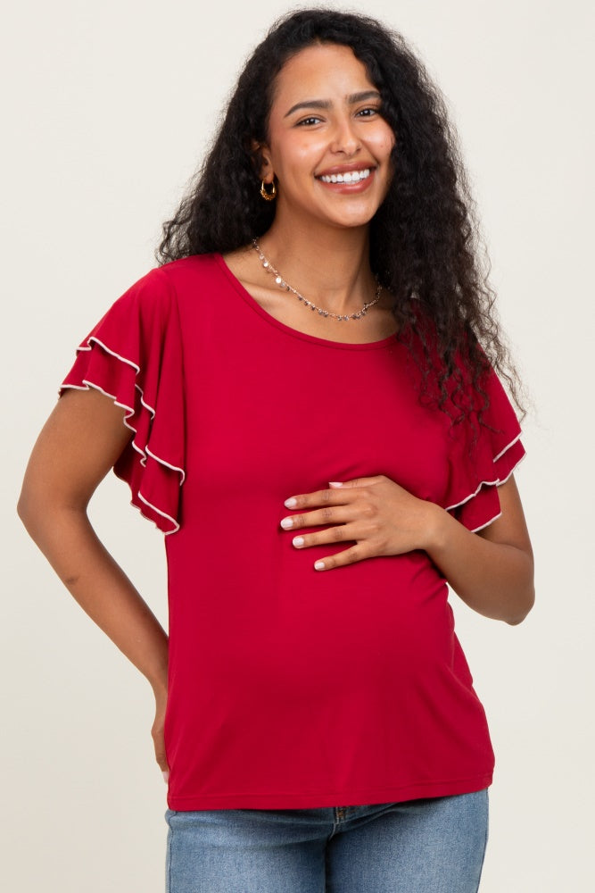 Burgundy Layered Ruffle Sleeve Maternity Top