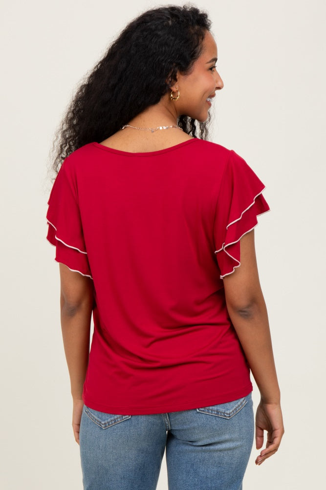Burgundy Layered Ruffle Sleeve Maternity Top