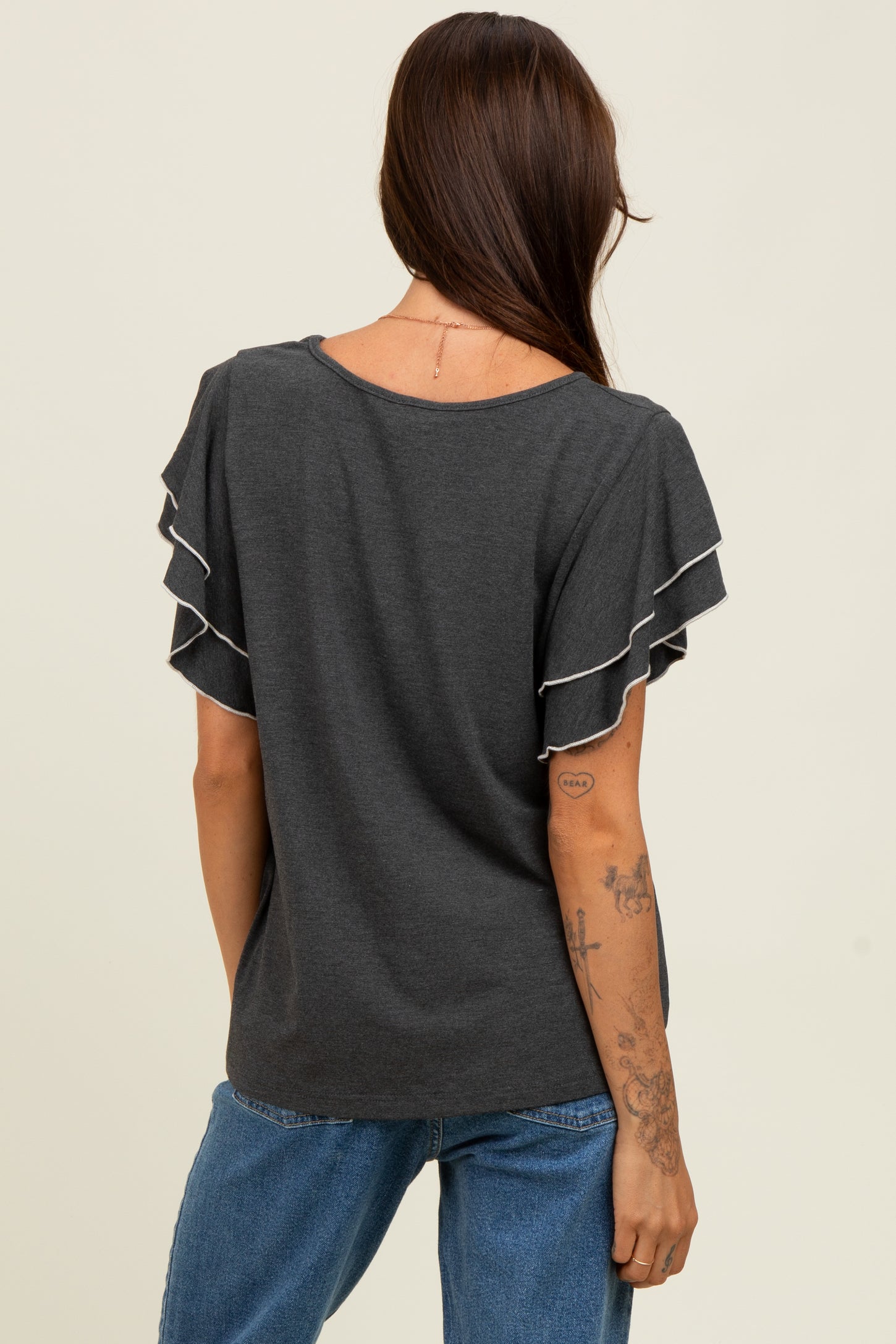 Charcoal Layered Ruffle Sleeve Top