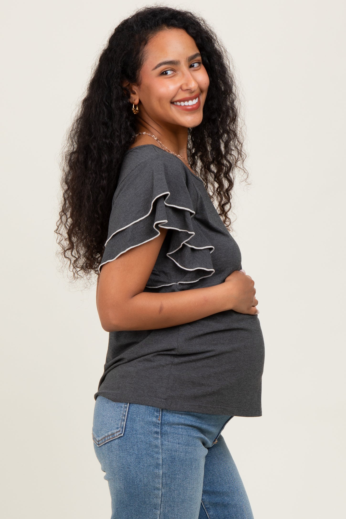 Charcoal Layered Ruffle Sleeve Maternity Top
