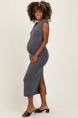 Charcoal Sleeveless Side Ruched Maternity Midi Dress
