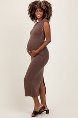 Brown Sleeveless Side Ruched Maternity Midi Dress