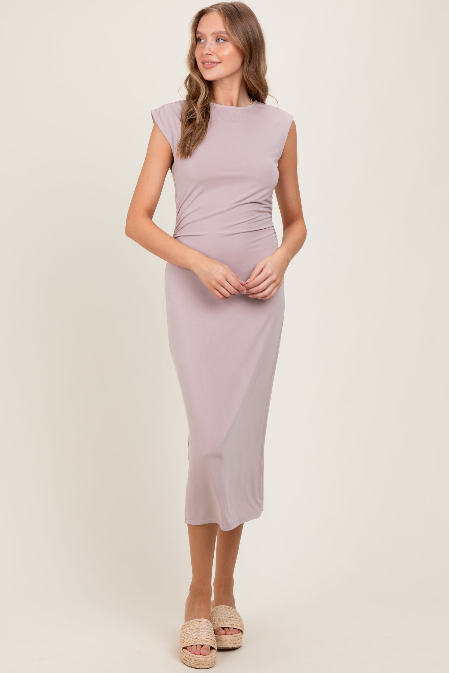 Light Pink Sleeveless Side Ruched Midi Dress PinkBlush Light Pink Sleeveless Side Ruched Midi Dress PinkBlush