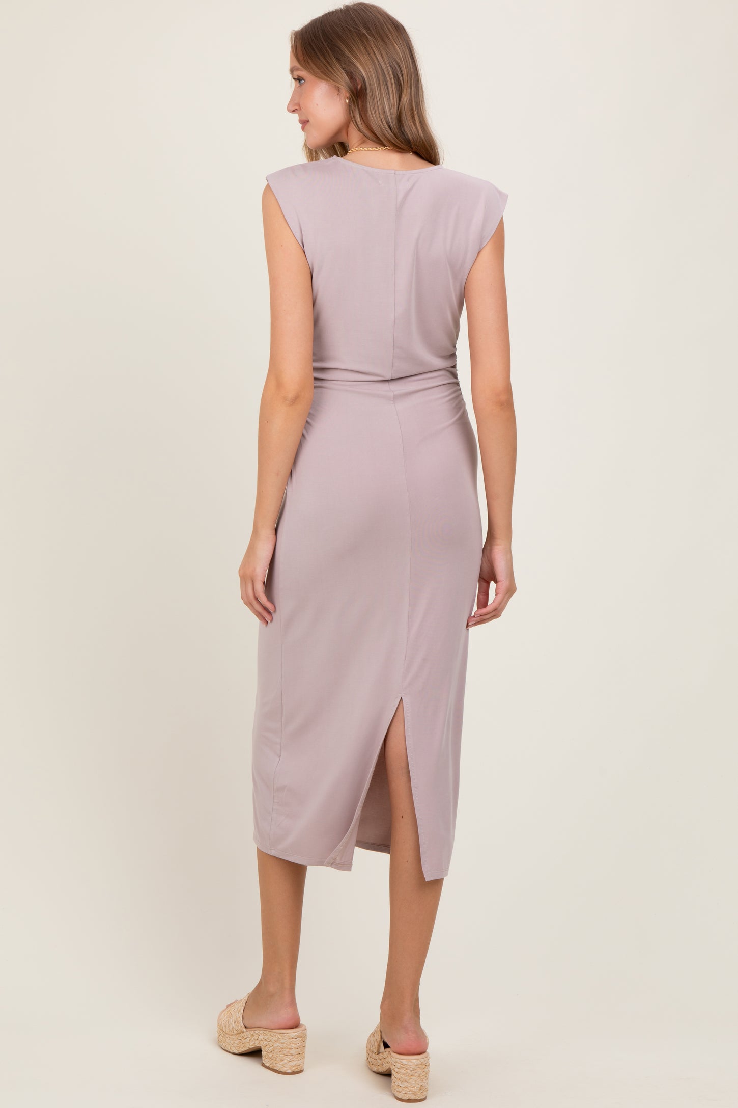 Light Pink Sleeveless Side Ruched Midi Dress