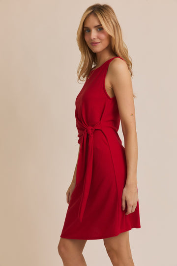 Red Boat Neck Sleeveless Side Tie Mini Dress