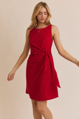 Red Boat Neck Sleeveless Side Tie Mini Dress
