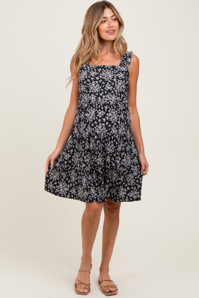 Black Floral Square Neck Ruffle Strap Tiered Maternity Dress