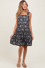 Black Floral Square Neck Ruffle Strap Tiered Maternity Dress