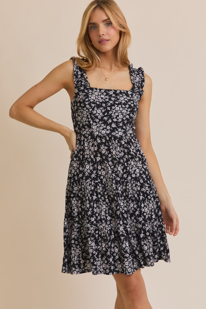 Black Floral Square Neck Ruffle Strap Tiered Maternity Dress