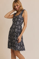 Black Floral Square Neck Ruffle Strap Tiered Dress