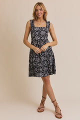 Black Floral Square Neck Ruffle Strap Tiered Dress
