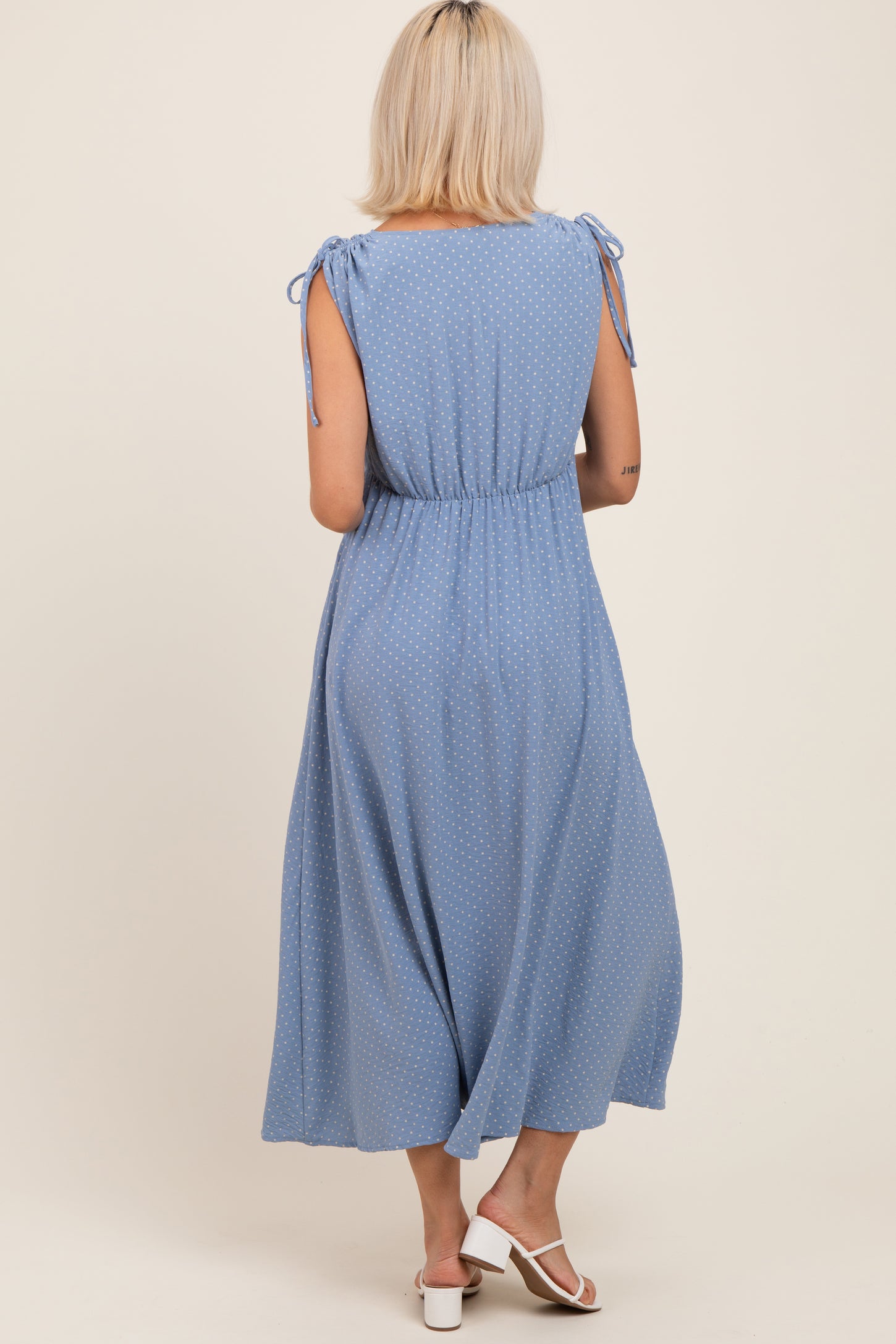 Blue Button-Down Polka Dot Shirred Bow Maternity Midi Dress Blue Button-Down Polka Dot Shirred Bow Maternity Midi Dress