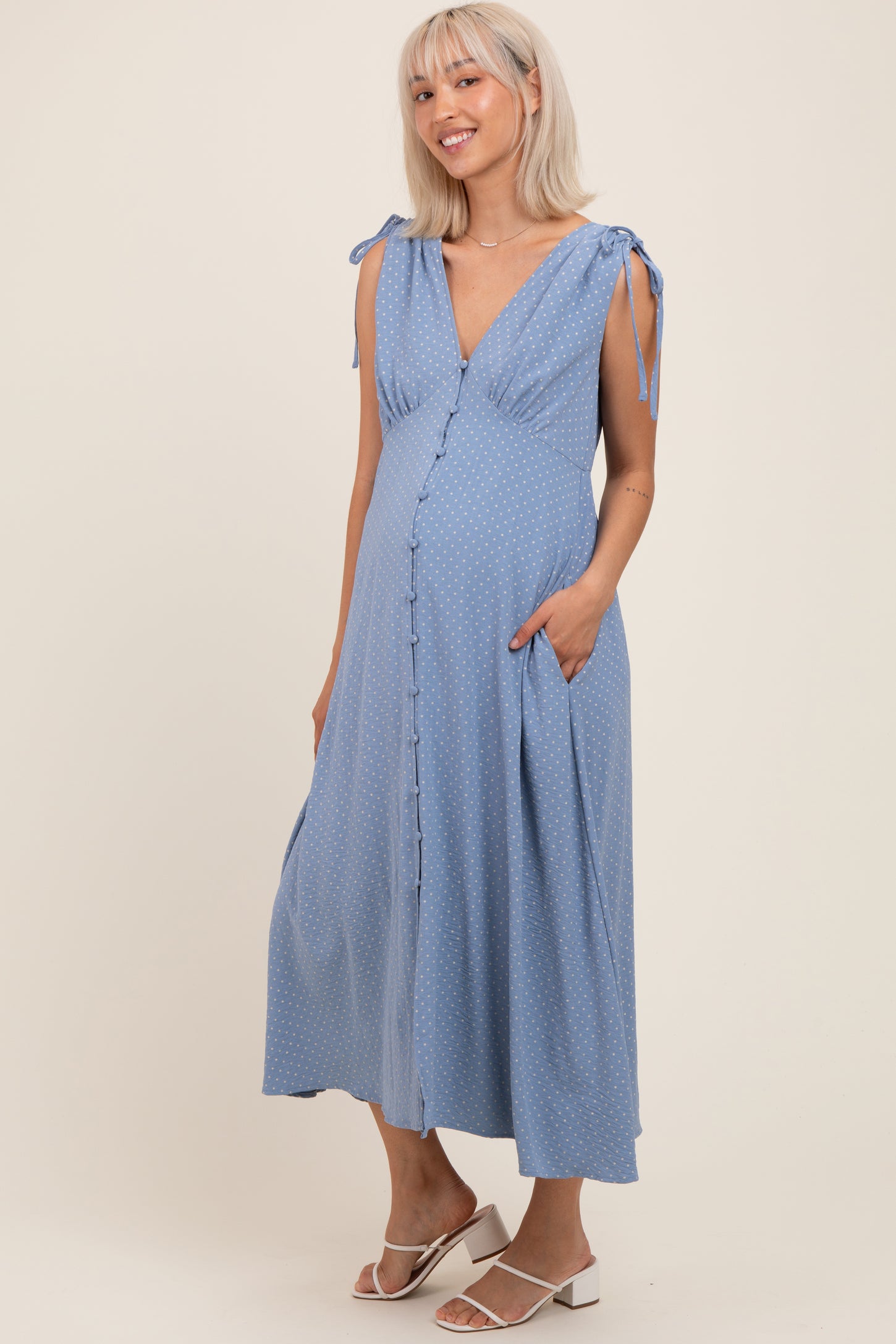 blue bow maternity dress Royal Blue Lace Maternity Dress with Long Sleeves, Illusion Neckline & Satin Waist Bow