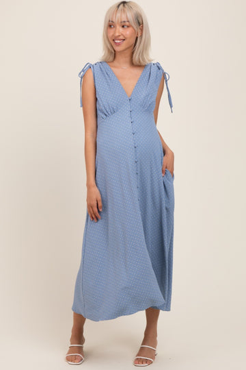 Blue Button-Down Polka Dot Shirred Bow Maternity Midi Dress