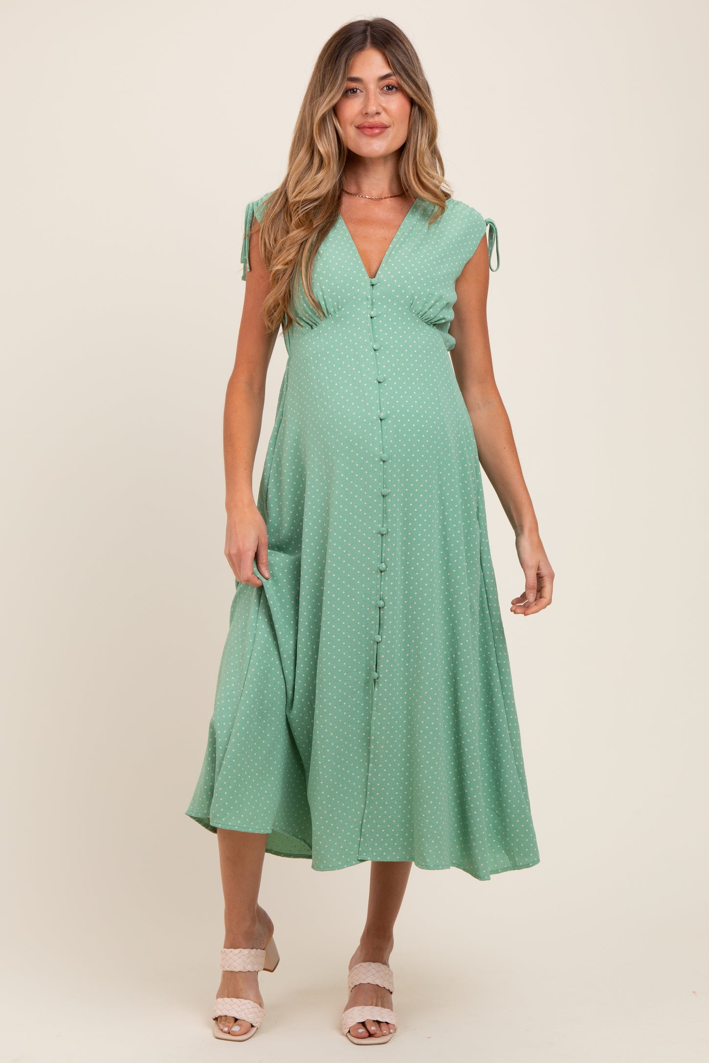 Green Button-Down Polka Dot Shirred Bow Maternity Midi Dress Green Button-Down Polka Dot Shirred Bow Maternity Midi Dress