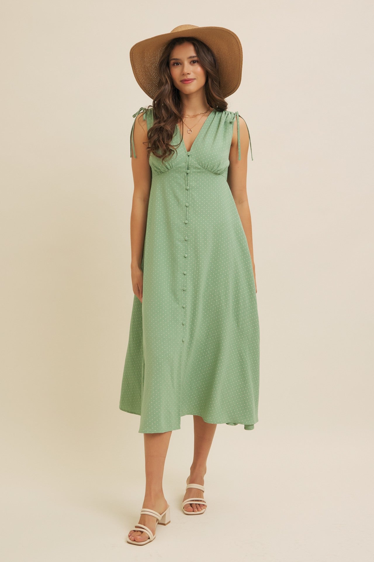 Green Button-Down Polka Dot Shirred Bow Maternity Midi Dress Green Button-Down Polka Dot Shirred Bow Maternity Midi Dress