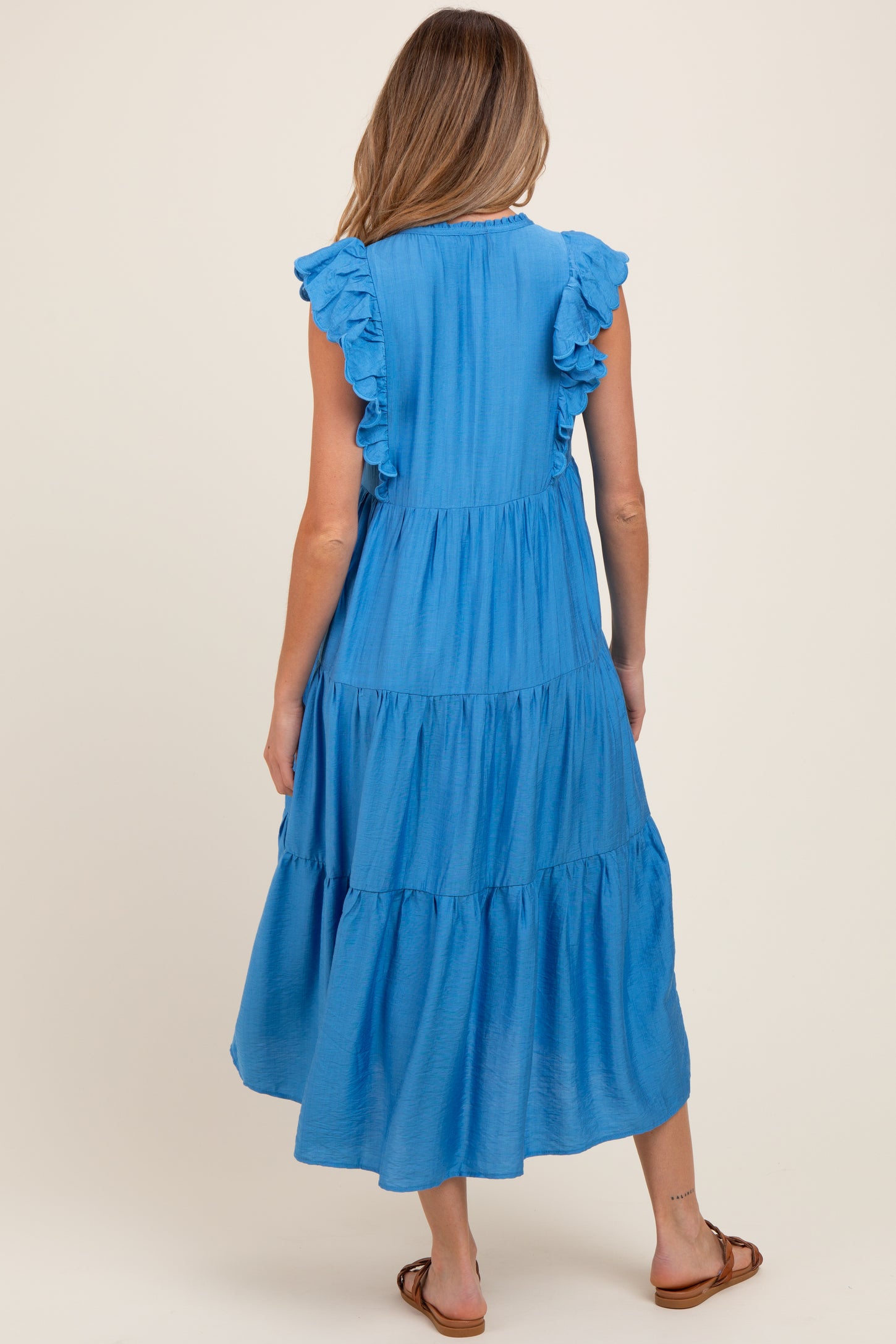 Blue Ruffle Sleeve Tiered Maternity Midi Dress