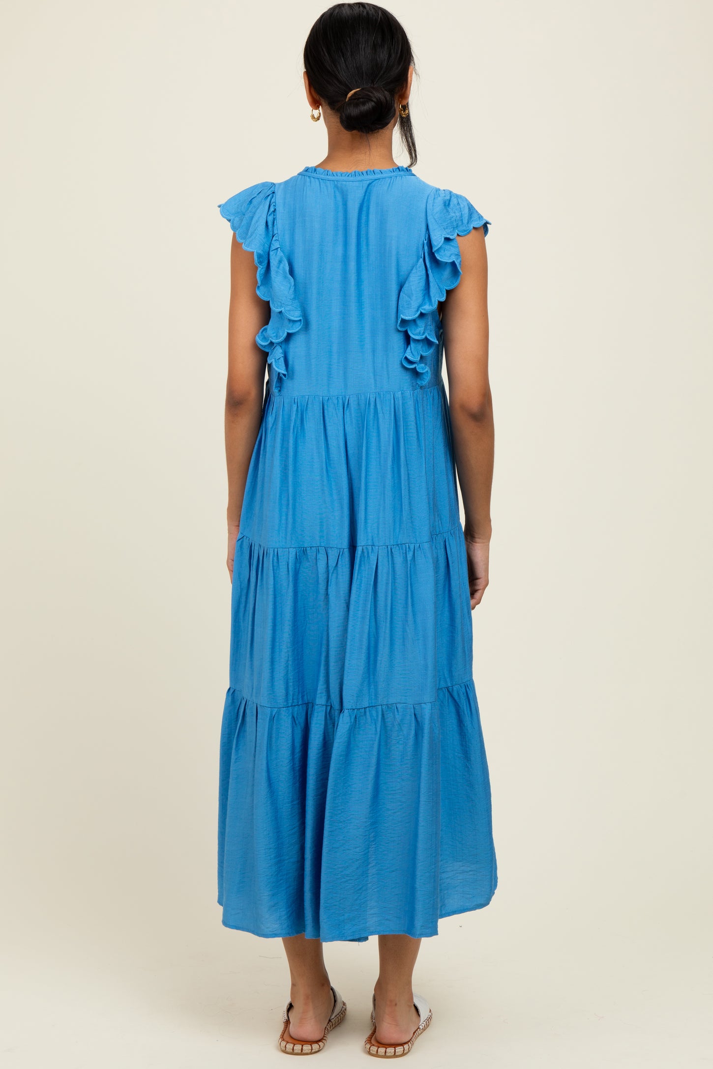 Blue Ruffle Sleeve Tiered Midi Dress