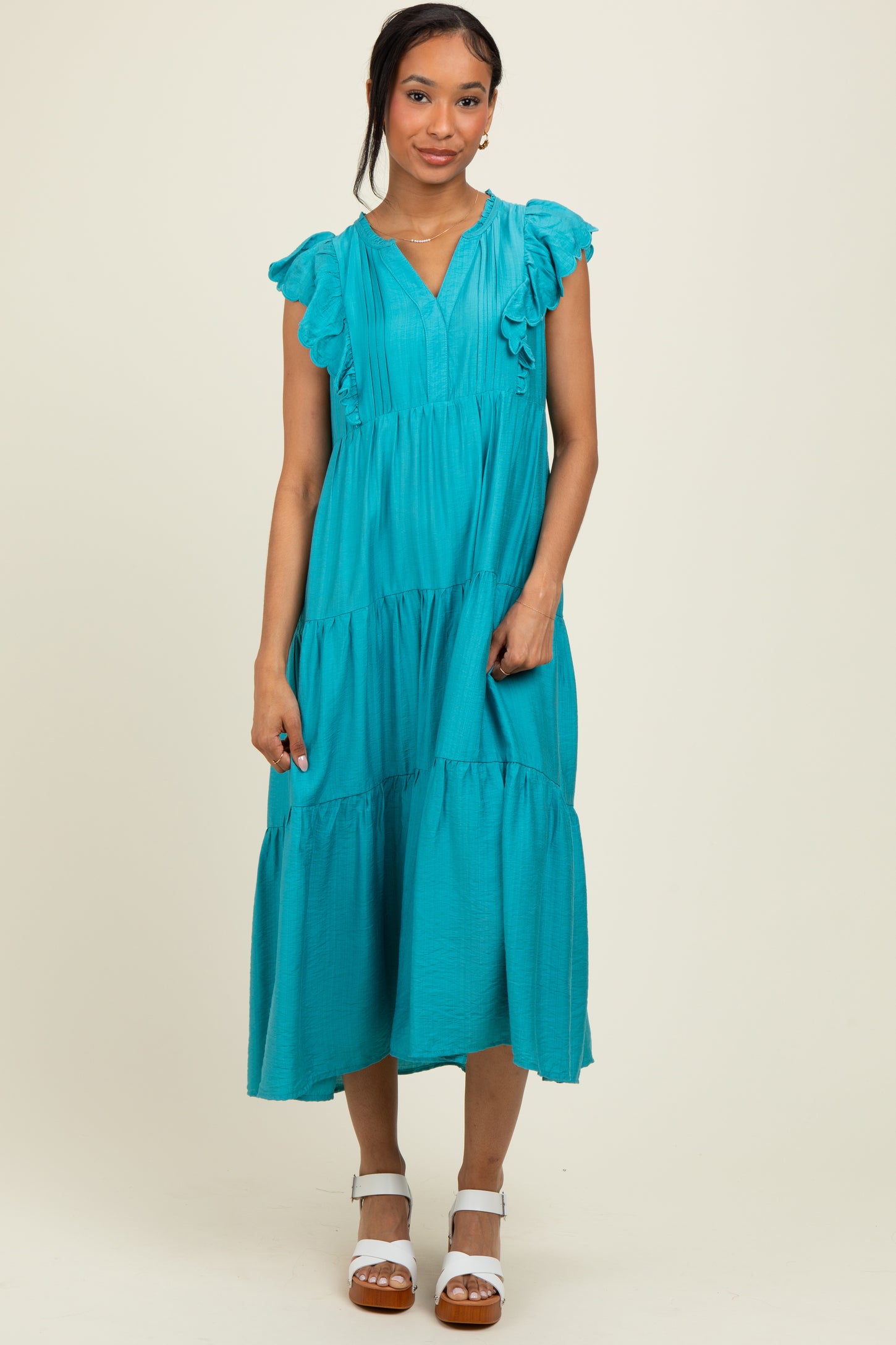 Aqua Ruffle Sleeve Tiered Midi Dress Aqua Ruffle Sleeve Tiered Midi Dress