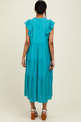 Aqua Ruffle Sleeve Tiered Midi Dress