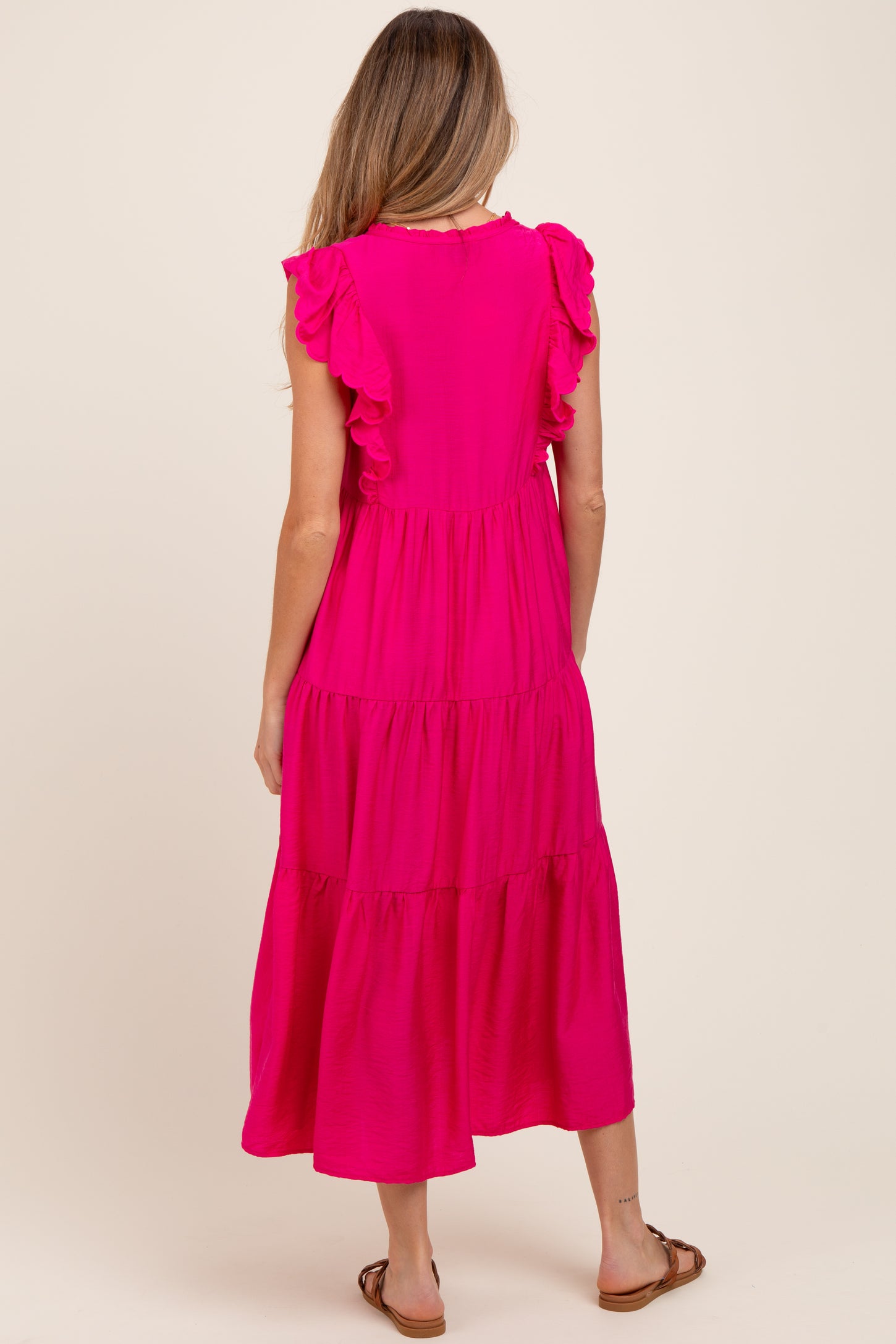 Fuchsia Ruffle Sleeve Tiered Maternity Midi Dress
