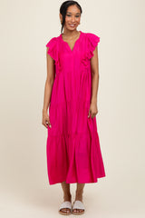 Fuchsia Ruffle Sleeve Tiered Maternity Midi Dress