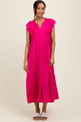 Fuchsia Ruffle Sleeve Tiered Maternity Midi Dress
