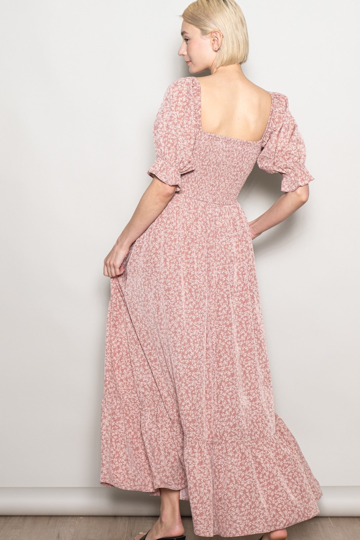 Mauve Floral Lace Trim Smocked Maxi Dress