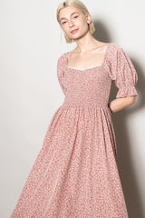 Mauve Floral Lace Trim Smocked Maxi Dress