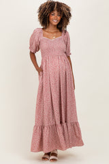 Mauve Floral Lace Trim Smocked Maternity Maxi Dress