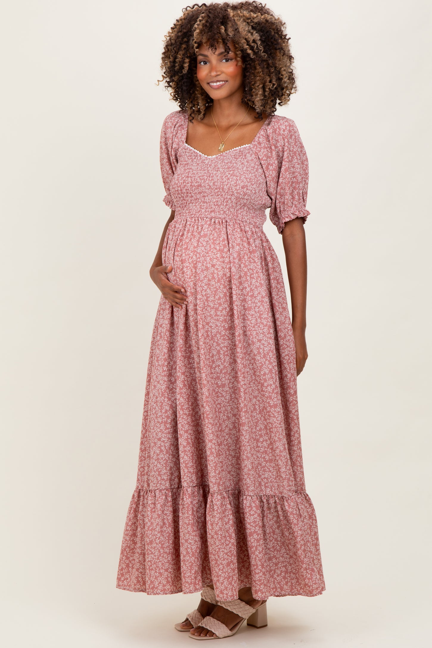 Mauve Floral Lace Trim Smocked Maternity Maxi Dress