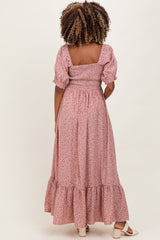 Mauve Floral Lace Trim Smocked Maternity Maxi Dress
