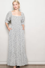 Ivory Floral Lace Trim Smocked Maxi Dress