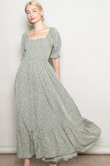 Light Olive Floral Lace Trim Smocked Maxi Dress