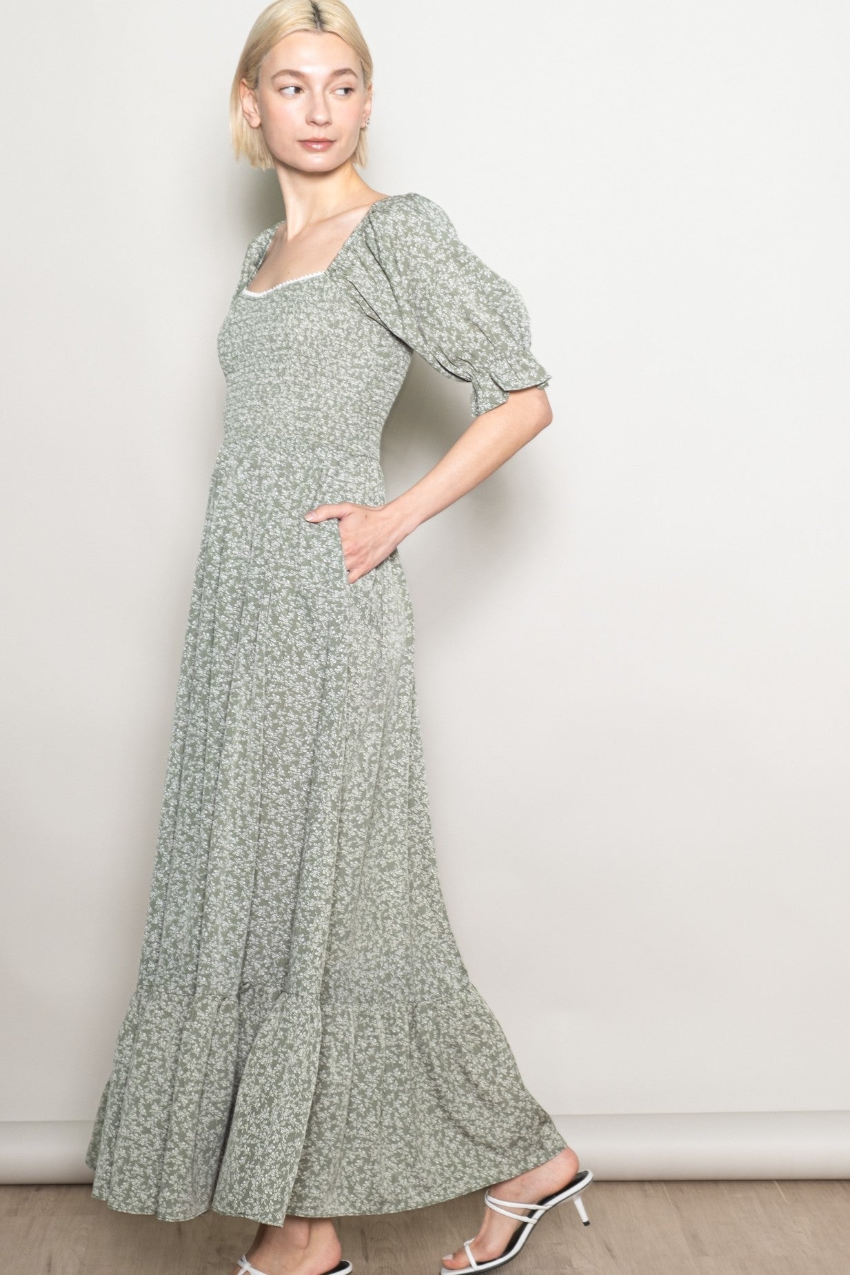 Light Olive Floral Lace Trim Smocked Maxi Dress