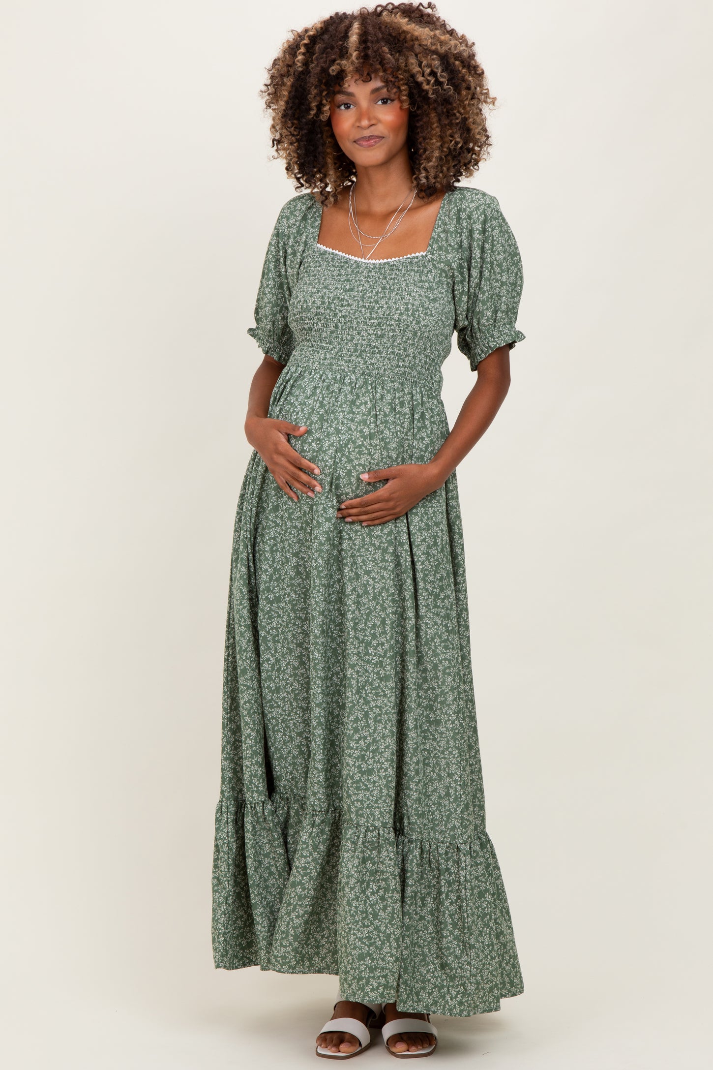 Light Olive Floral Lace Trim Smocked Maternity Maxi Dress
