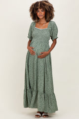Light Olive Floral Lace Trim Smocked Maternity Maxi Dress