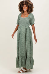Light Olive Floral Lace Trim Smocked Maternity Maxi Dress