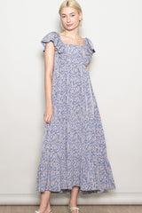 Blue Floral Ruffle Sleeve Maternity Maxi Dress