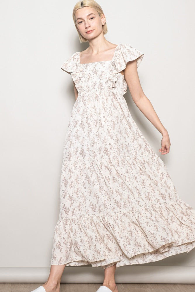 Ivory Floral Ruffle Sleeve Maxi Dress