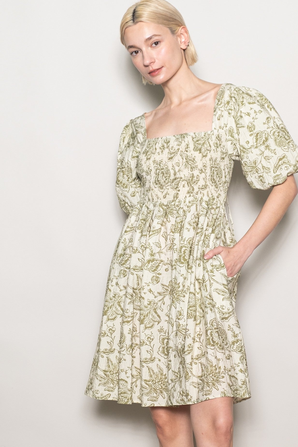 Olive Floral Smocked Puff Sleeve Maternity Dress