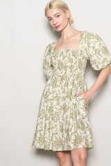 Olive Floral Smocked Puff Sleeve Maternity Dress