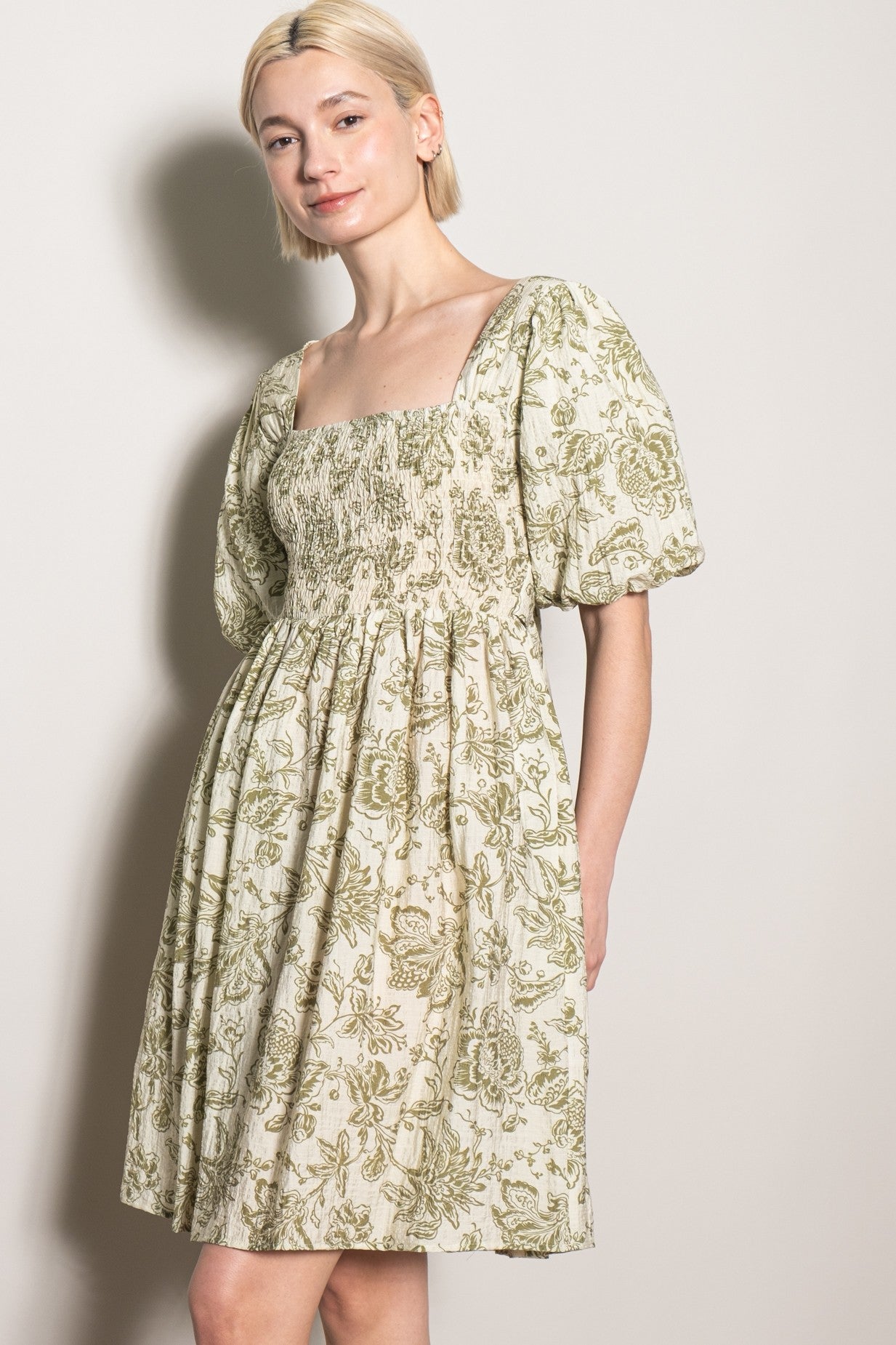 Olive Floral Smocked Puff Sleeve Dress