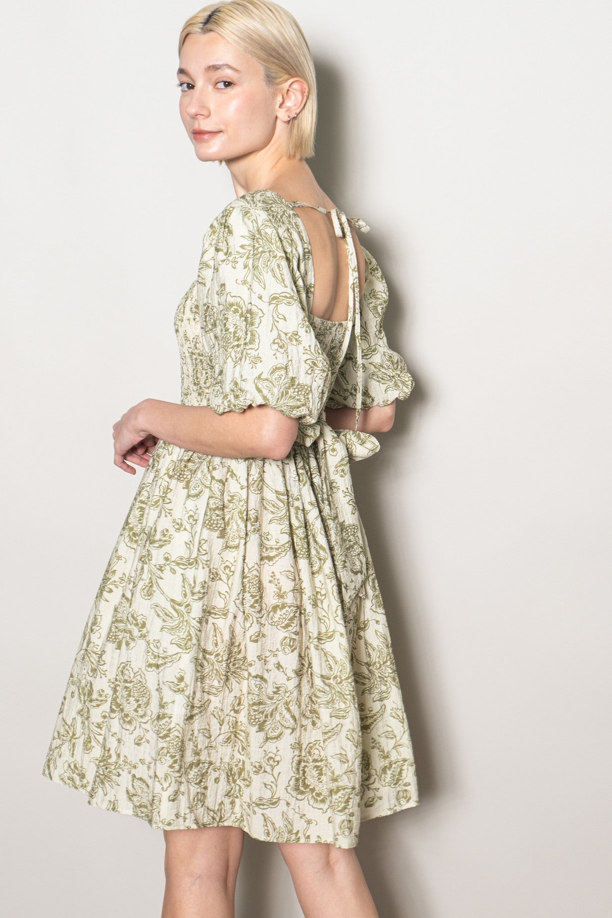 Olive Floral Smocked Puff Sleeve Dress