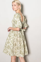 Olive Floral Smocked Puff Sleeve Dress